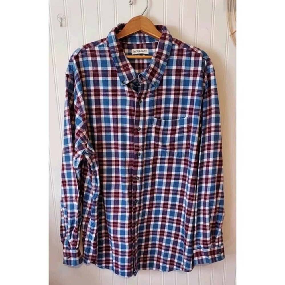 Magellan Outdoors Shirt Men 3XL Blue Burgundy Plaid Classic Fit Cotton Button Up